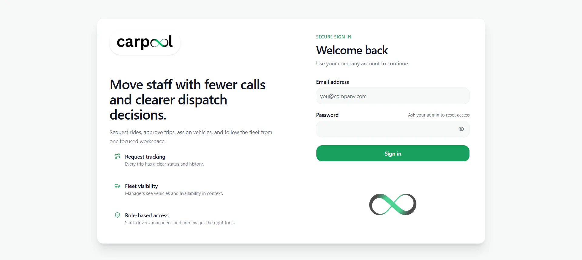 Carpool secure sign-in screen explaining request tracking and fleet visibility