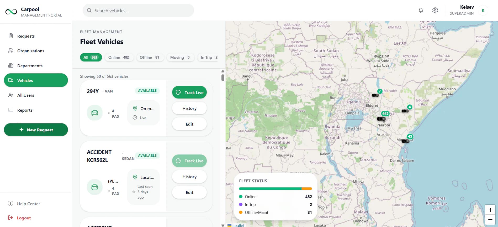 Carpool web fleet dashboard showing organisational vehicles and live map data