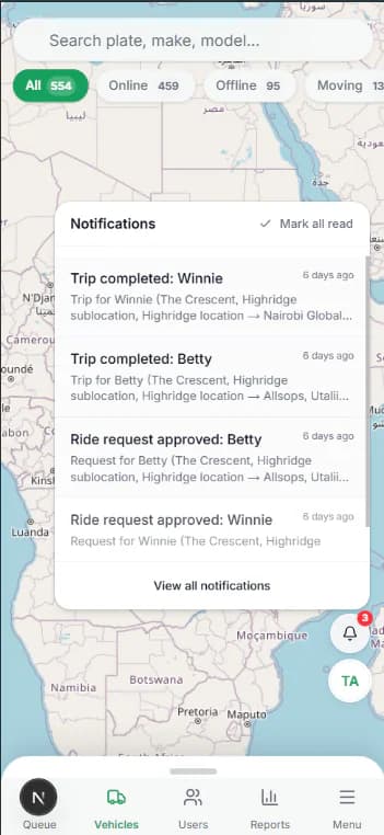Carpool mobile fleet map with trip and ride request notifications