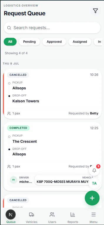 Carpool mobile request queue showing trip status, pickup and drop-off details