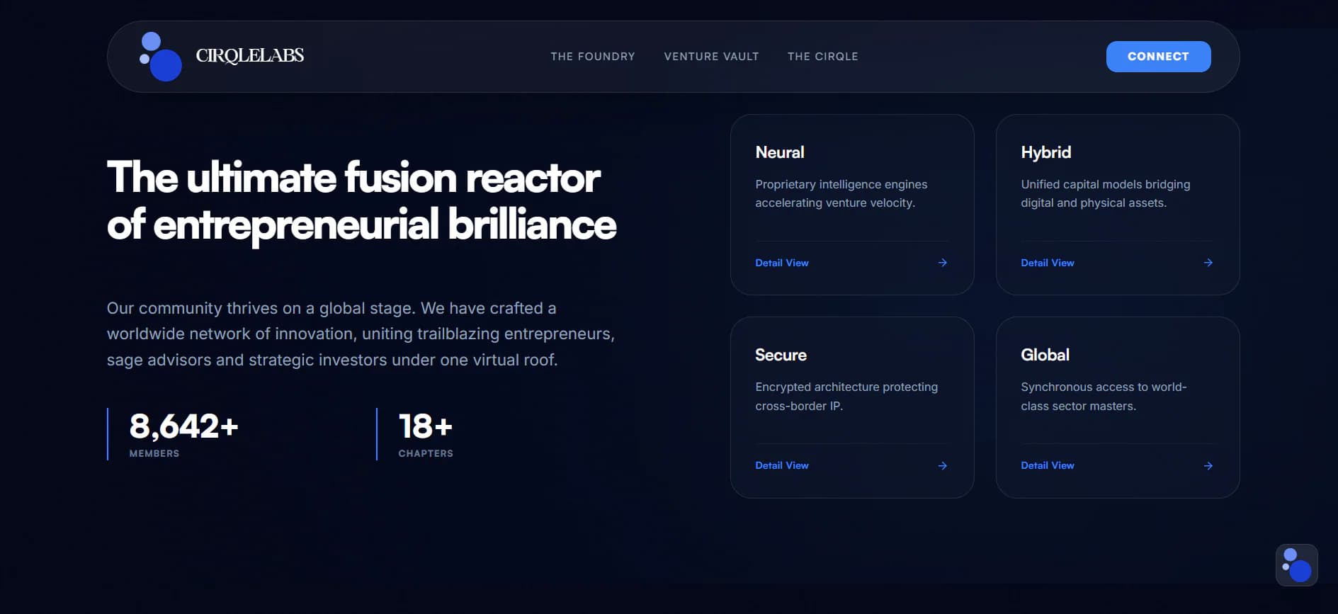 Cirqle Labs venture ecosystem page with editorial metrics and feature panels