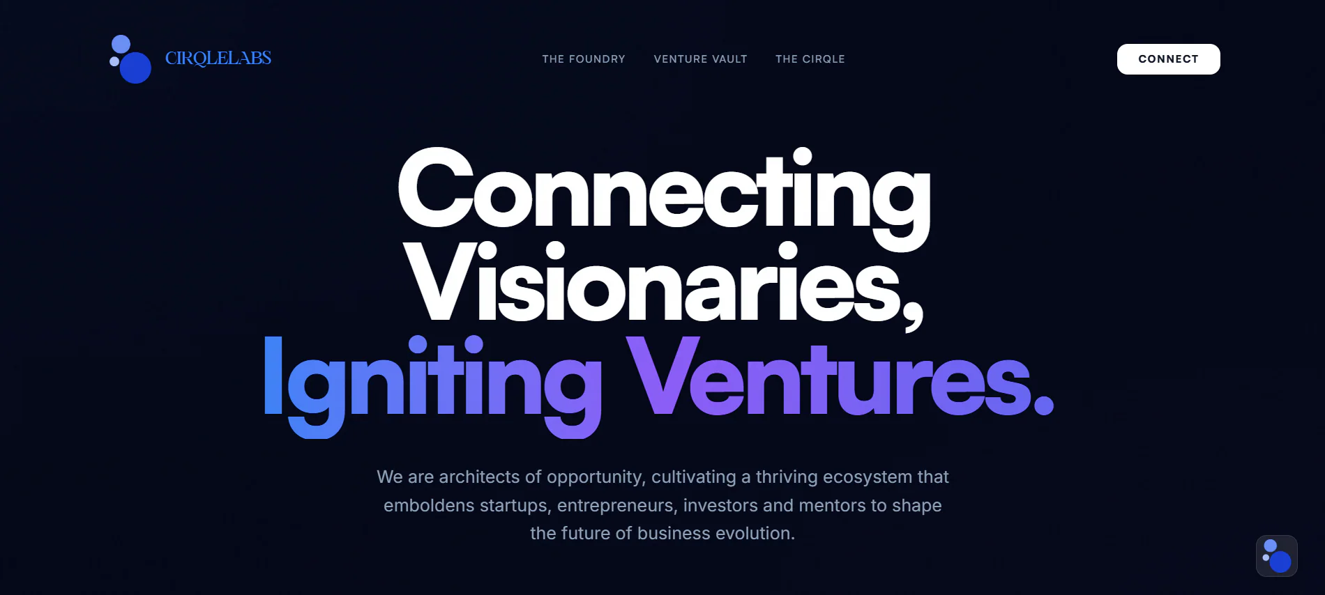 Cirqle Labs homepage with bold blue and violet venture studio typography