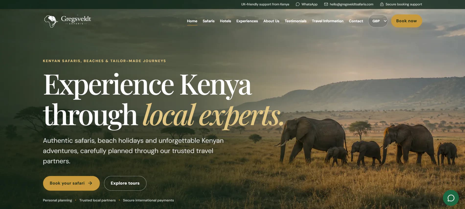 Gregs Veld Safaris homepage with Kenyan elephant photography and safari booking actions