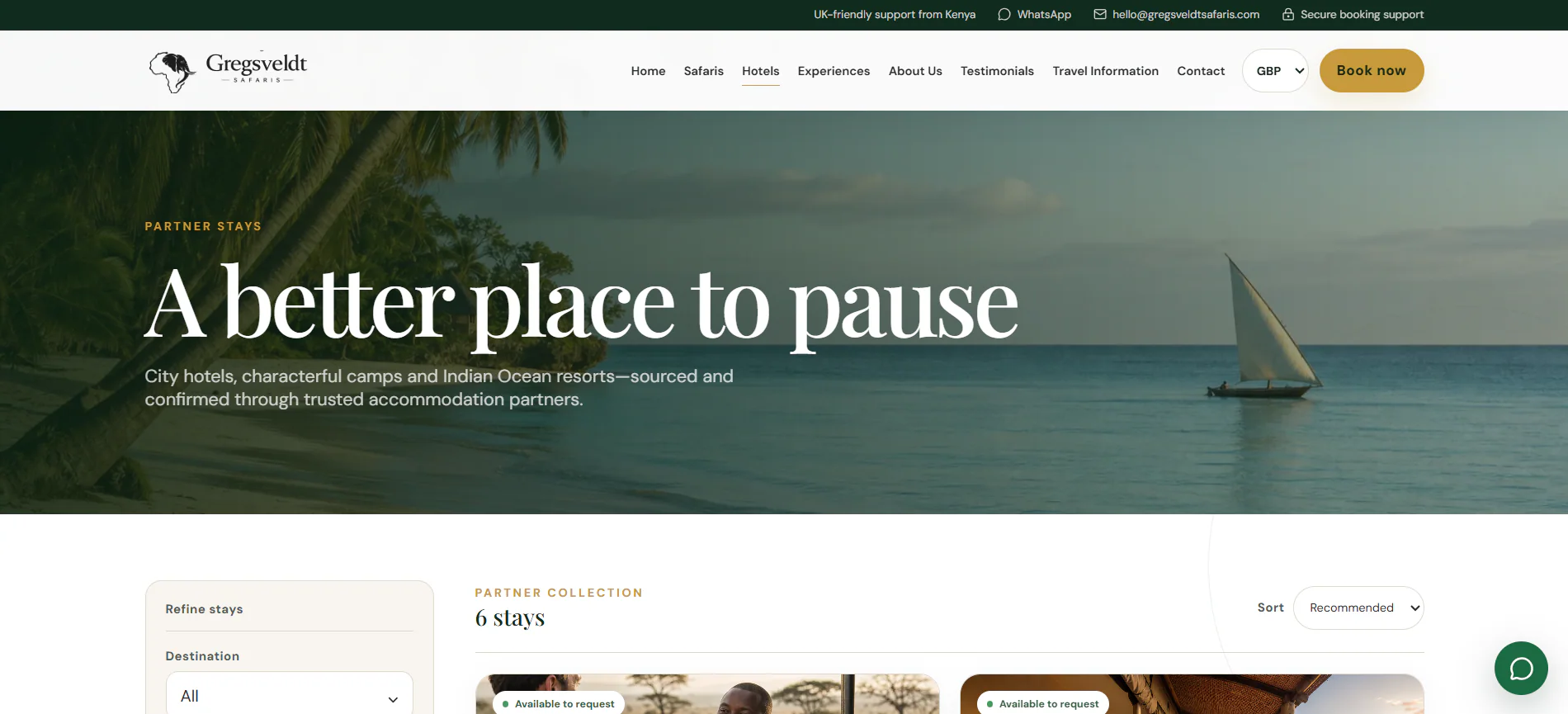 Gregs Veld Safaris hotel discovery page featuring coastal stays in Kenya