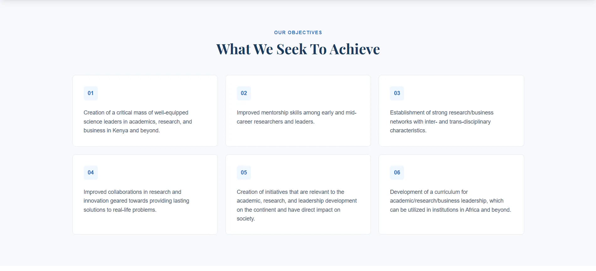 Kenya Science Leadership Programme objectives presented in a structured six-part grid