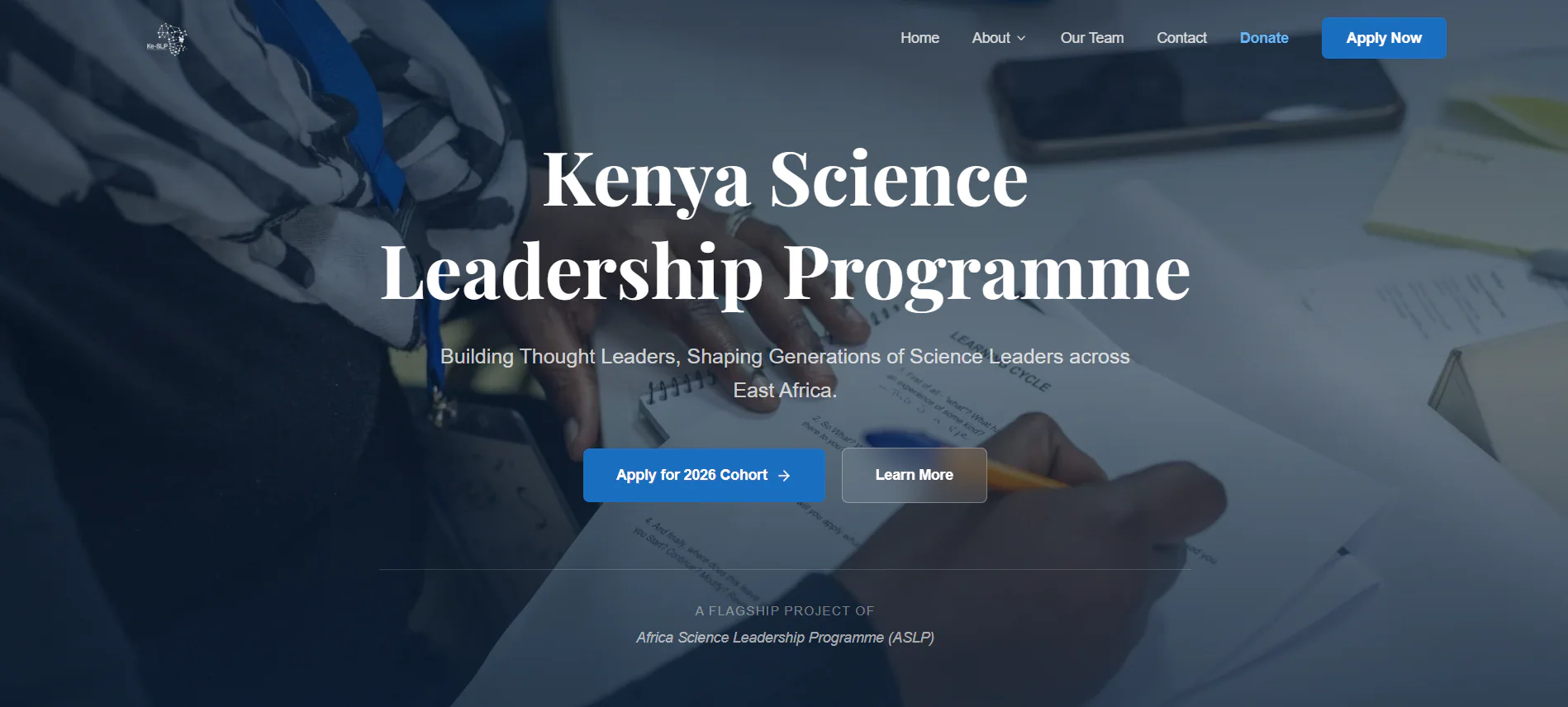 Kenya Science Leadership Programme homepage with 2026 cohort application call to action