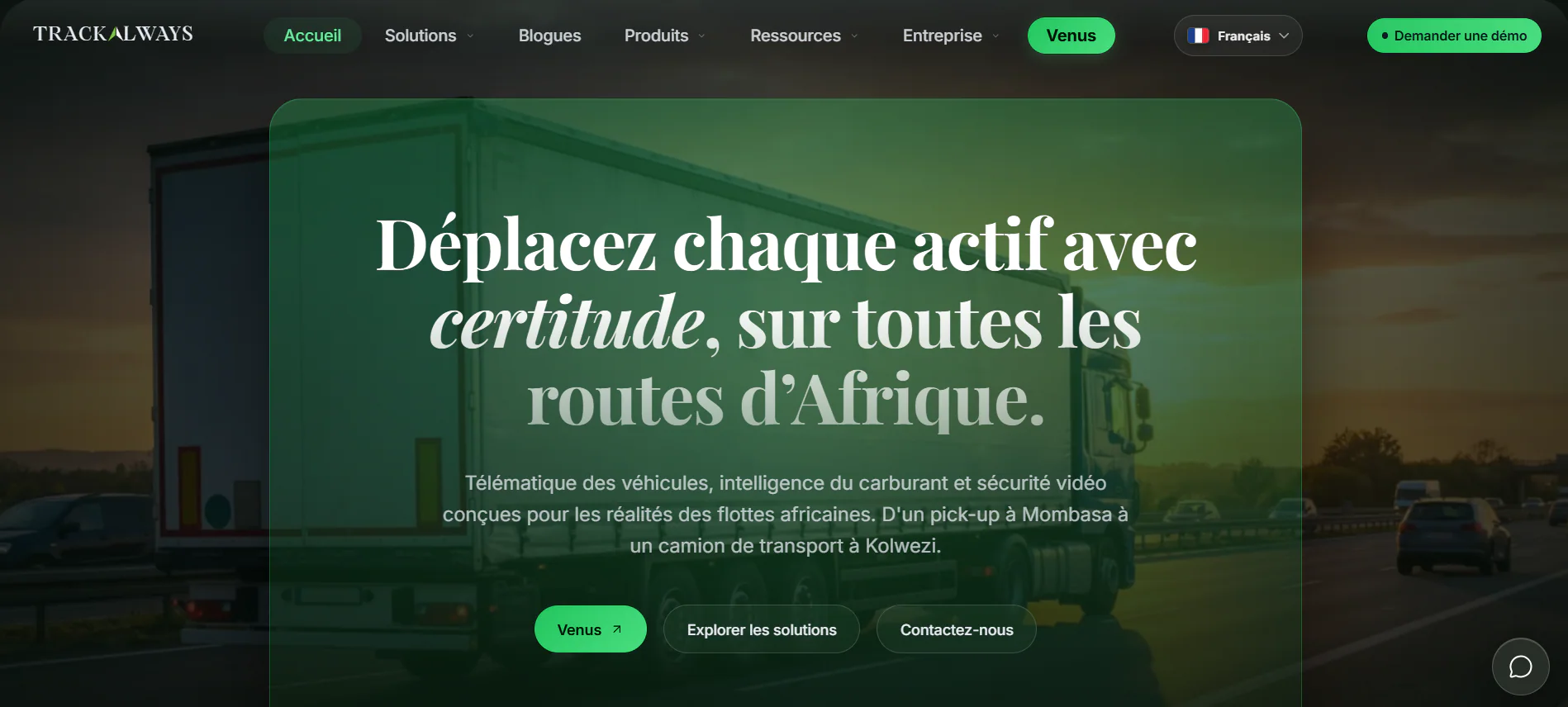 Trackalways Africa homepage with fleet telematics messaging over a logistics truck
