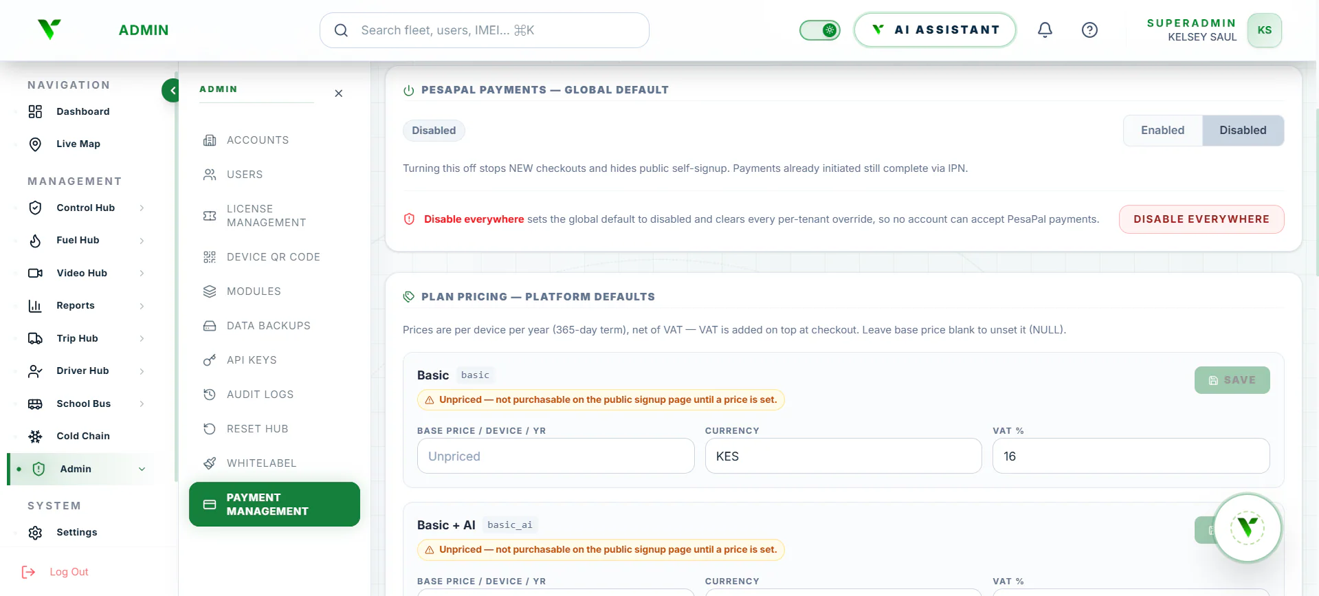 Venus administration interface for payment and fleet plan management